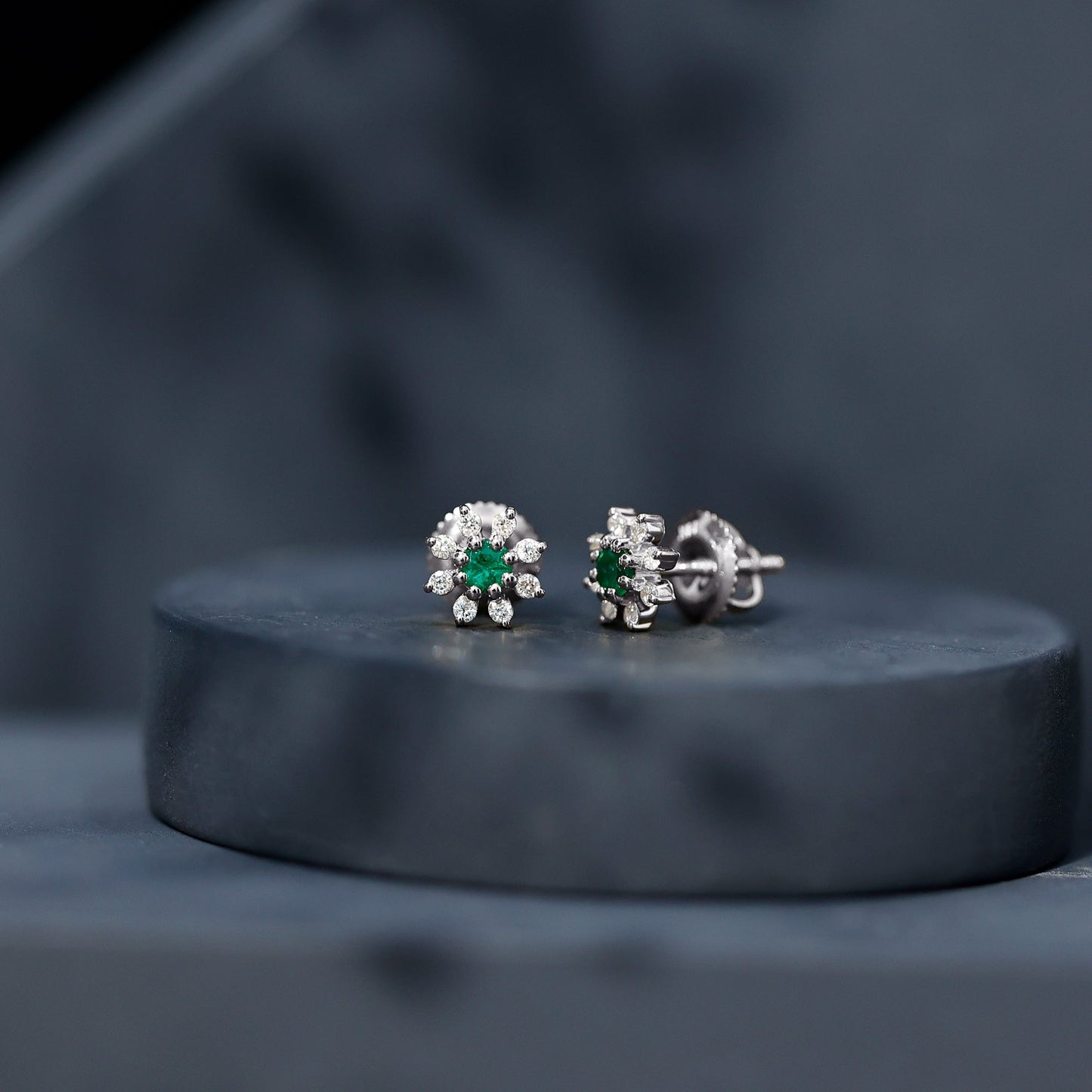 Natural Emerald and Diamond Floral Stud Earrings