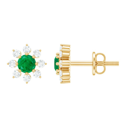 Natural Emerald and Diamond Floral Stud Earrings