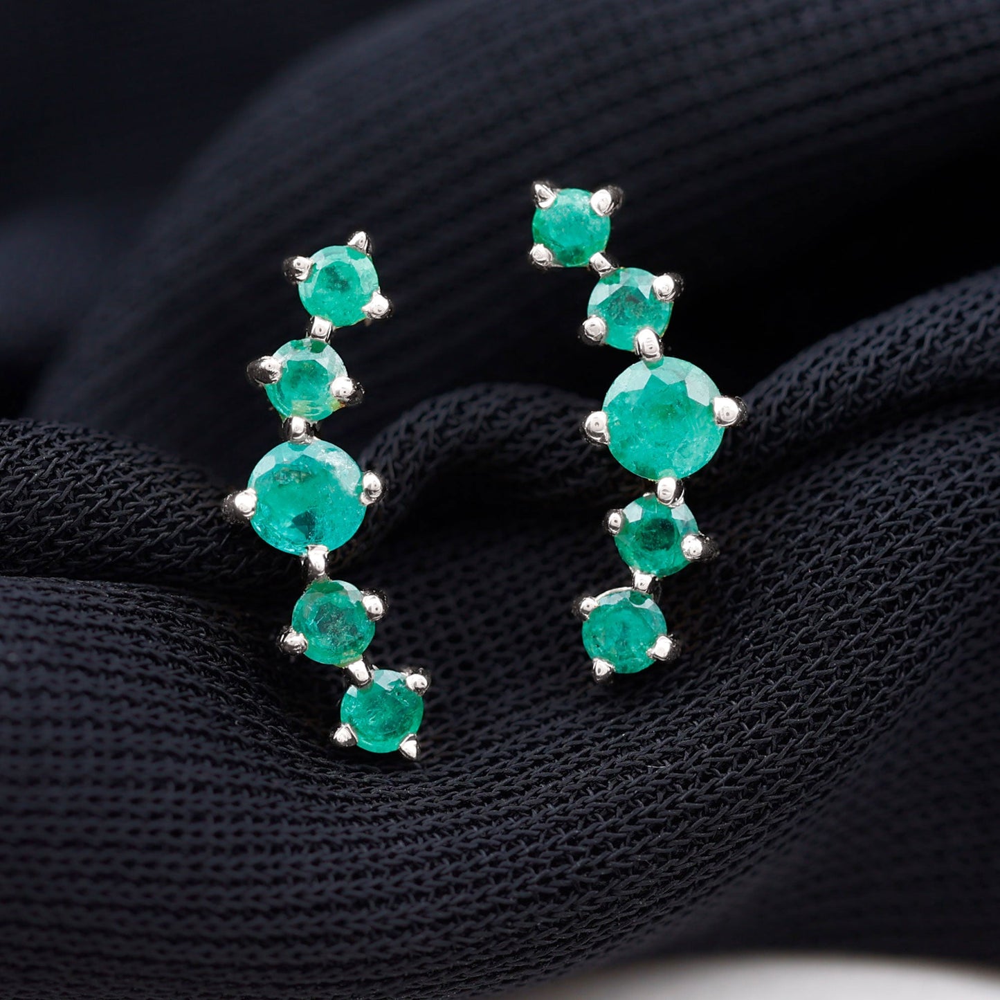 Graduated Natural Emerald Ear Climber Earrings for Women