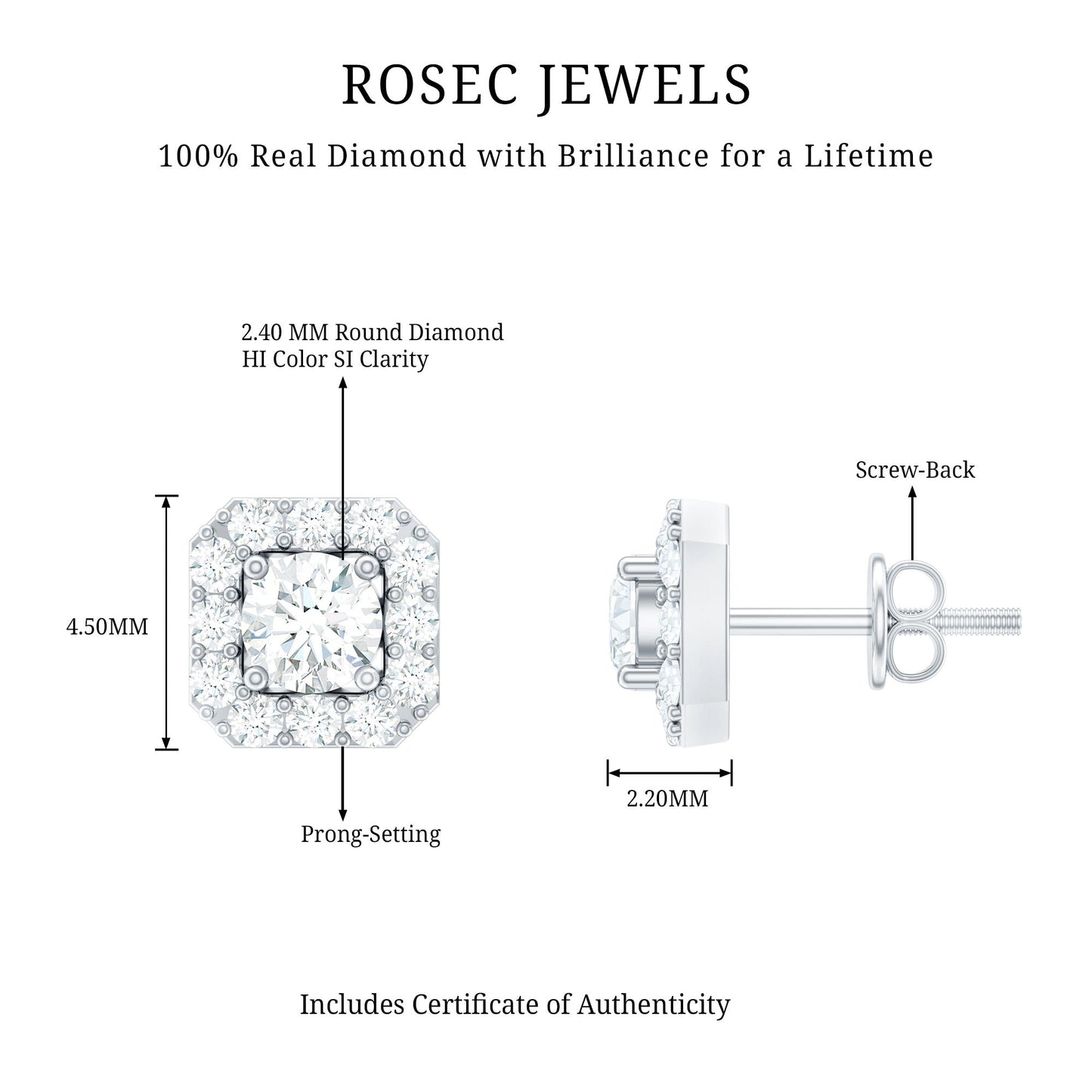 Minimalist Natural Diamond Halo Stud Earrings with Screw Back