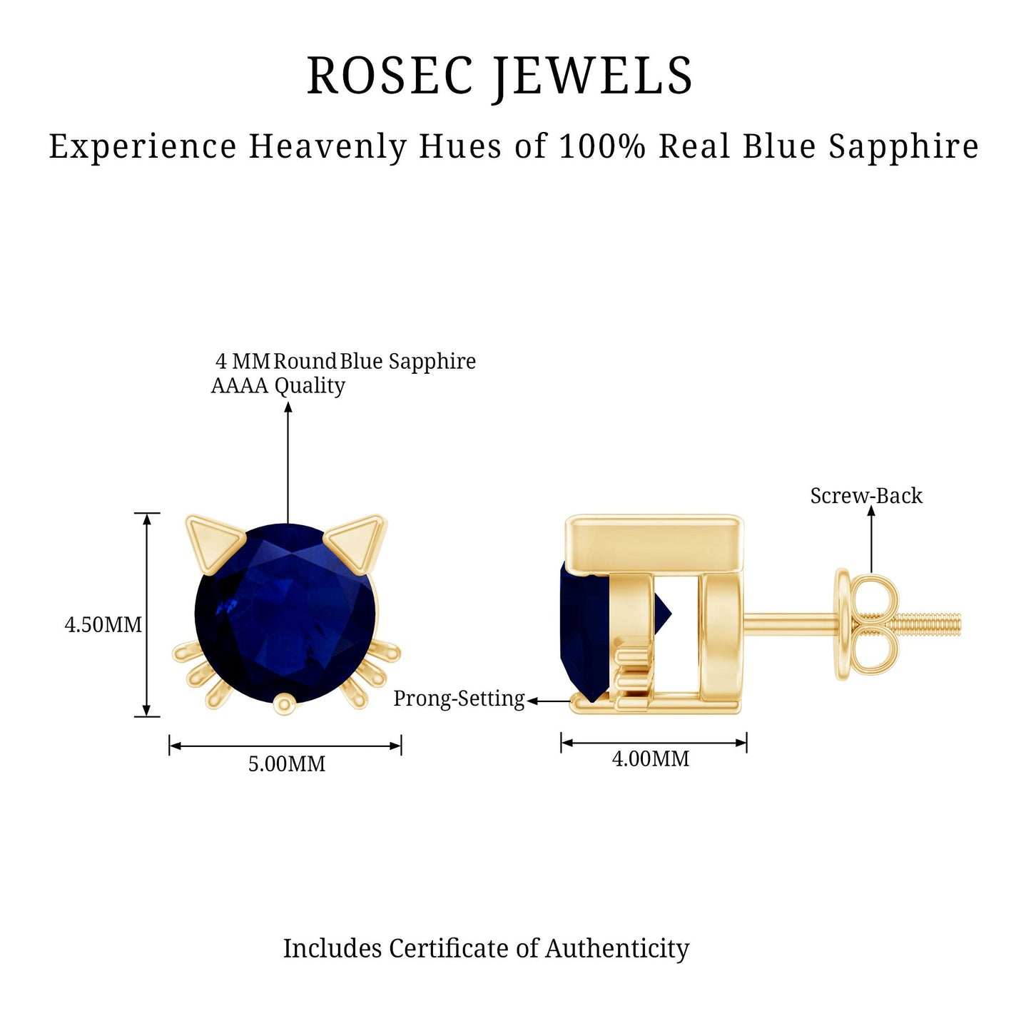 Natural 0.8 Carat Blue Sapphire Hello Kitty earrings for Women