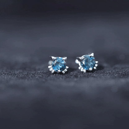 1.2 Carat Round Shape London Blue Topaz Cat Stud Earrings