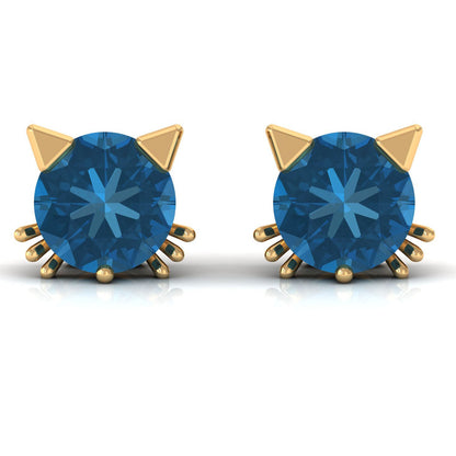 1.2 Carat Round Shape London Blue Topaz Cat Stud Earrings