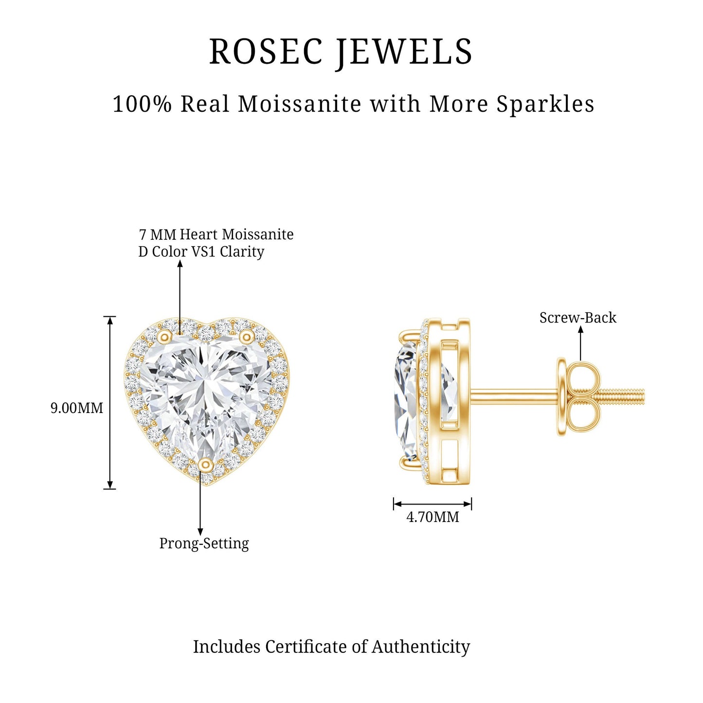 Certified Moissanite Heart Stud Earrings with Halo
