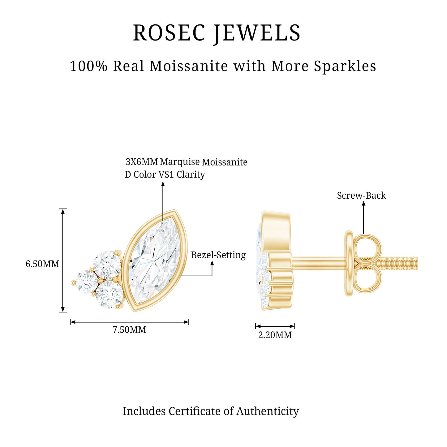 Marquise Shape Moissanite Stud Earrings with Screw Back