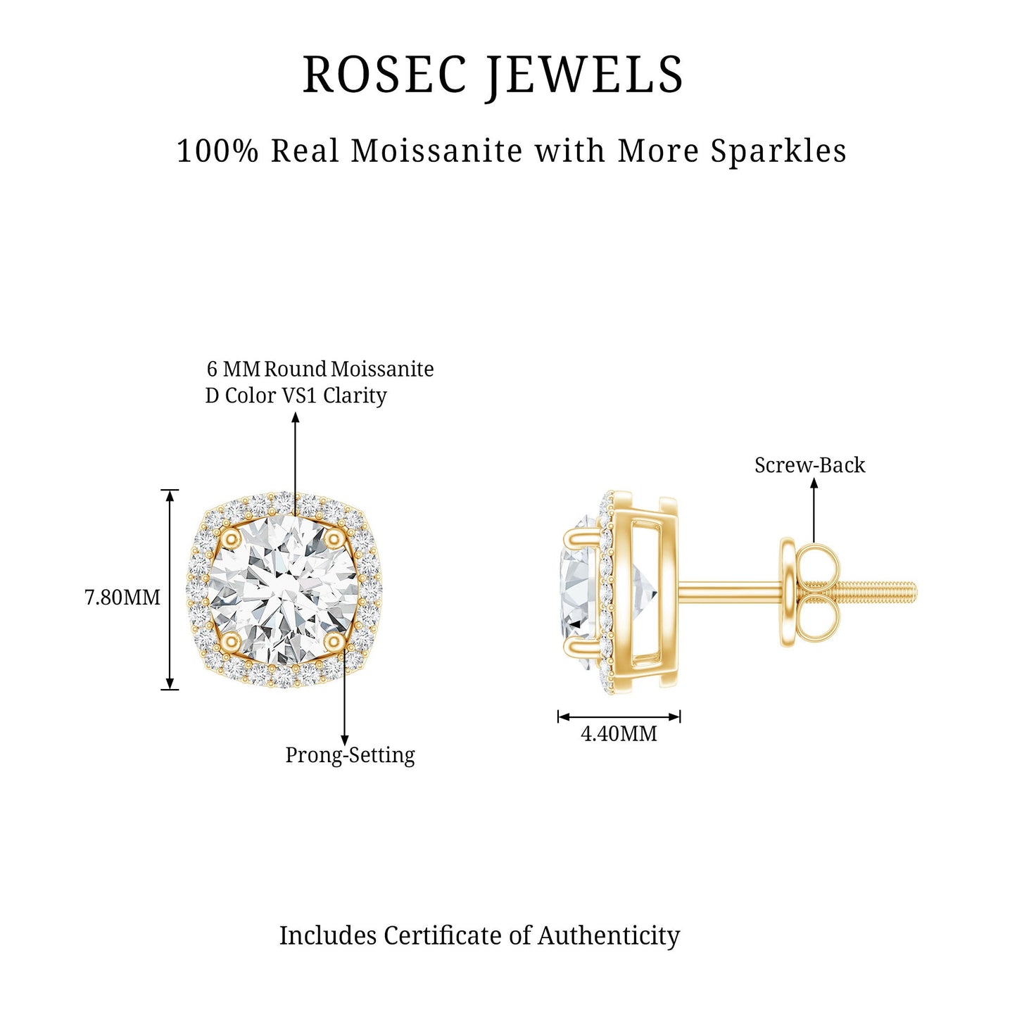 1.9 Carat Round Shape Moissanite Stud Earrings with Halo
