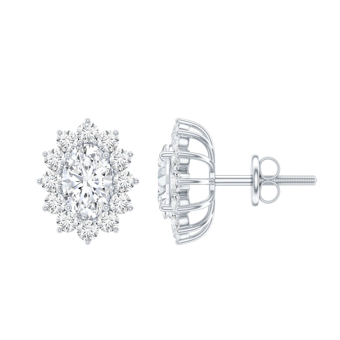 Certified Oval Shaped Moissanite Halo Stud Earrings in Silver