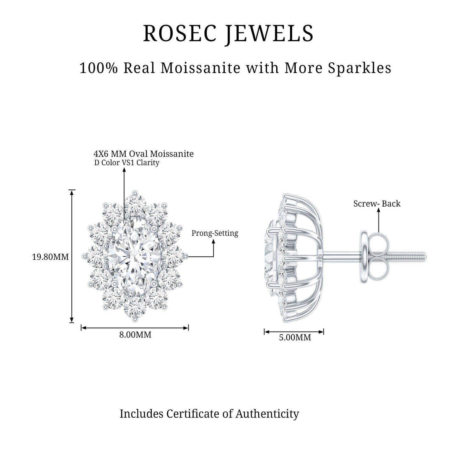Certified Oval Shaped Moissanite Halo Stud Earrings in Silver