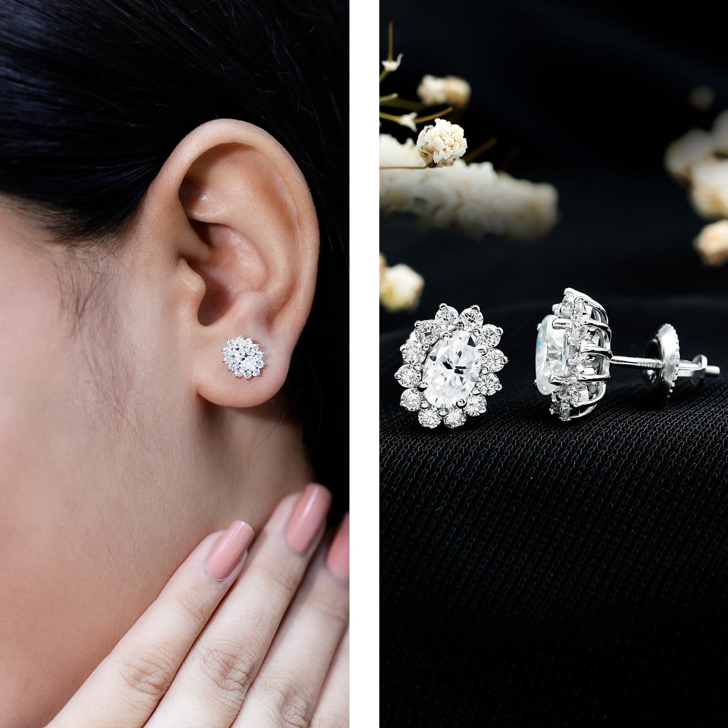 Certified Oval Shaped Moissanite Halo Stud Earrings in Silver