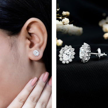 Certified Oval Shaped Moissanite Halo Stud Earrings in Silver