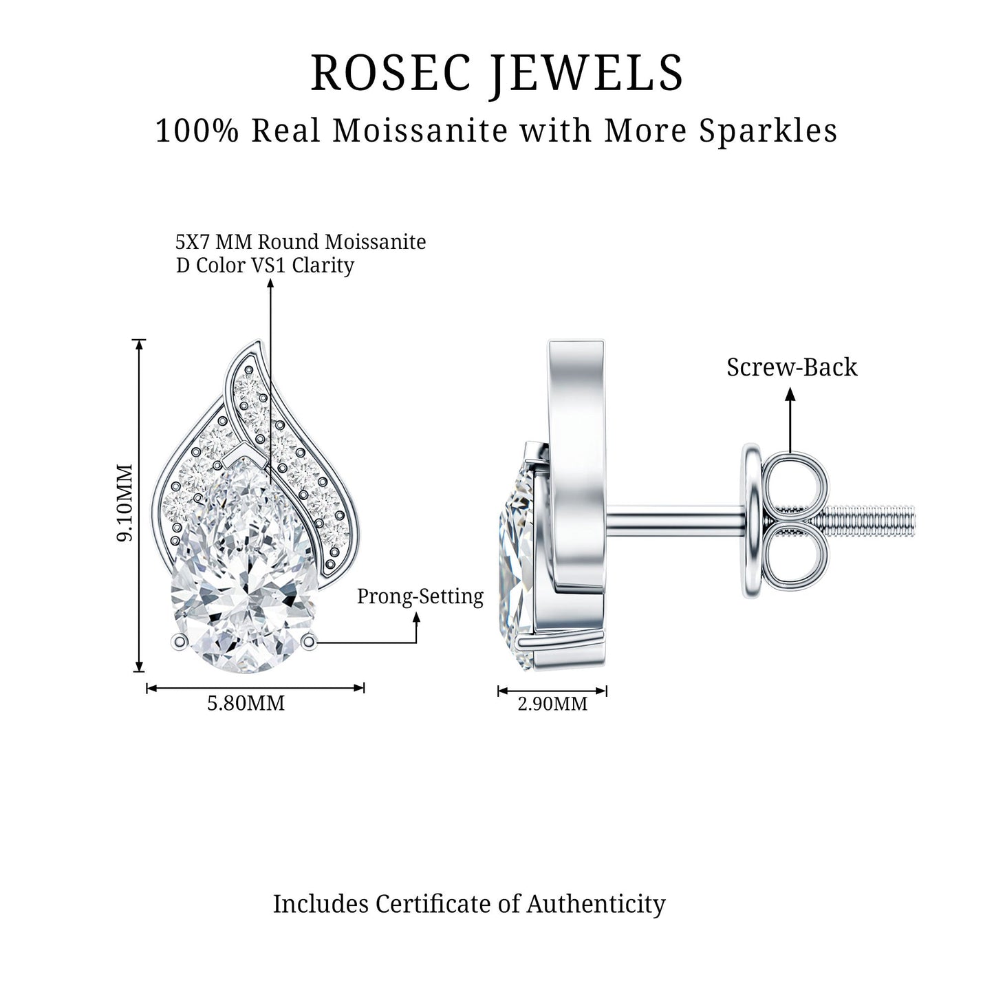 Classic 1.5 Carat Moissanite Stud Earrings with Screw Back