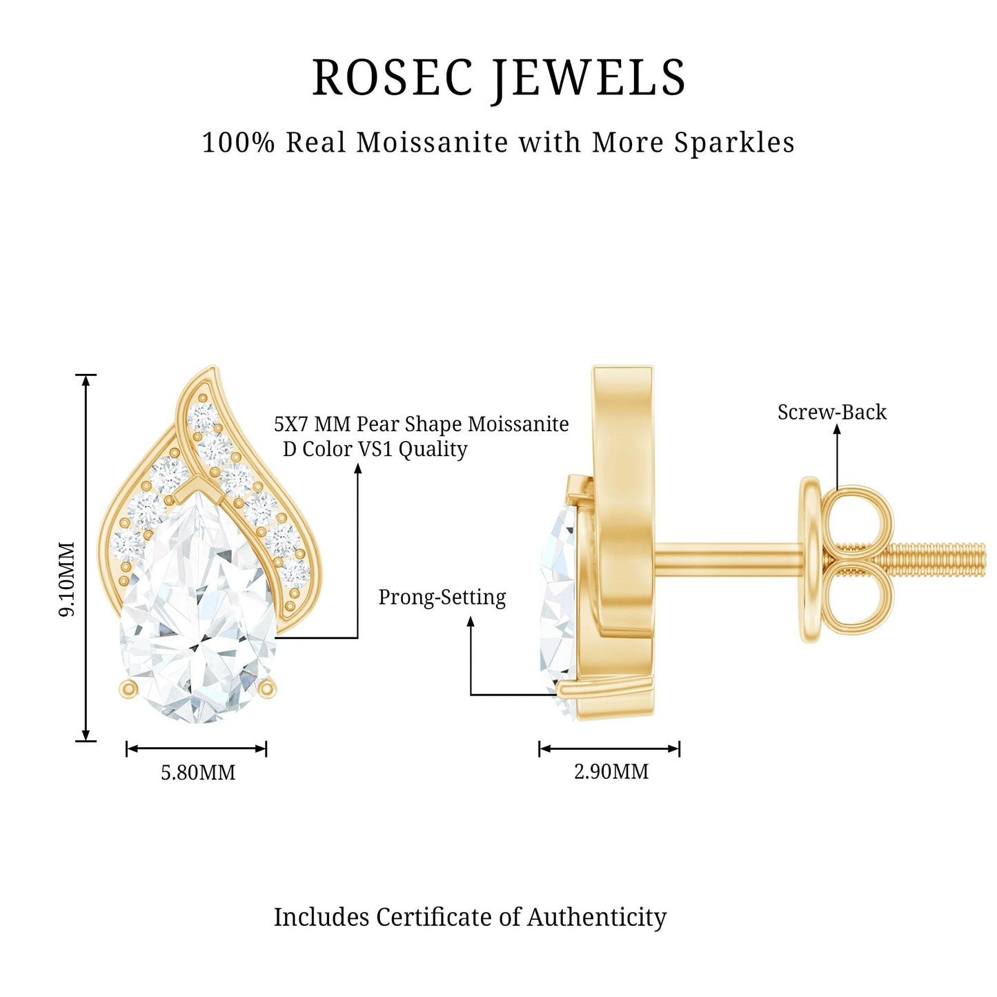 Classic 1.5 Carat Moissanite Stud Earrings with Screw Back