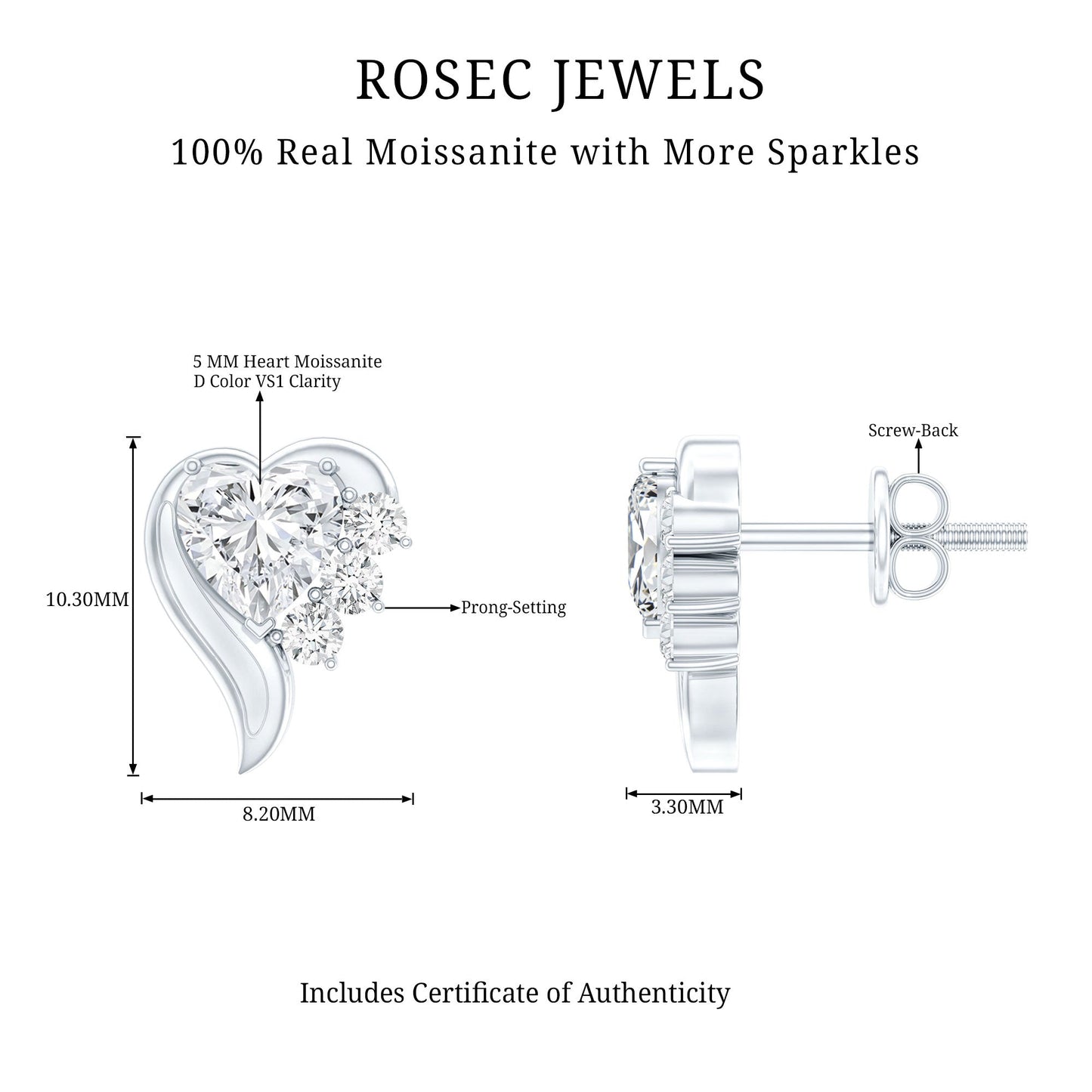 1 Carat Moissanite Heart Stud Earrings in Sterling Silver