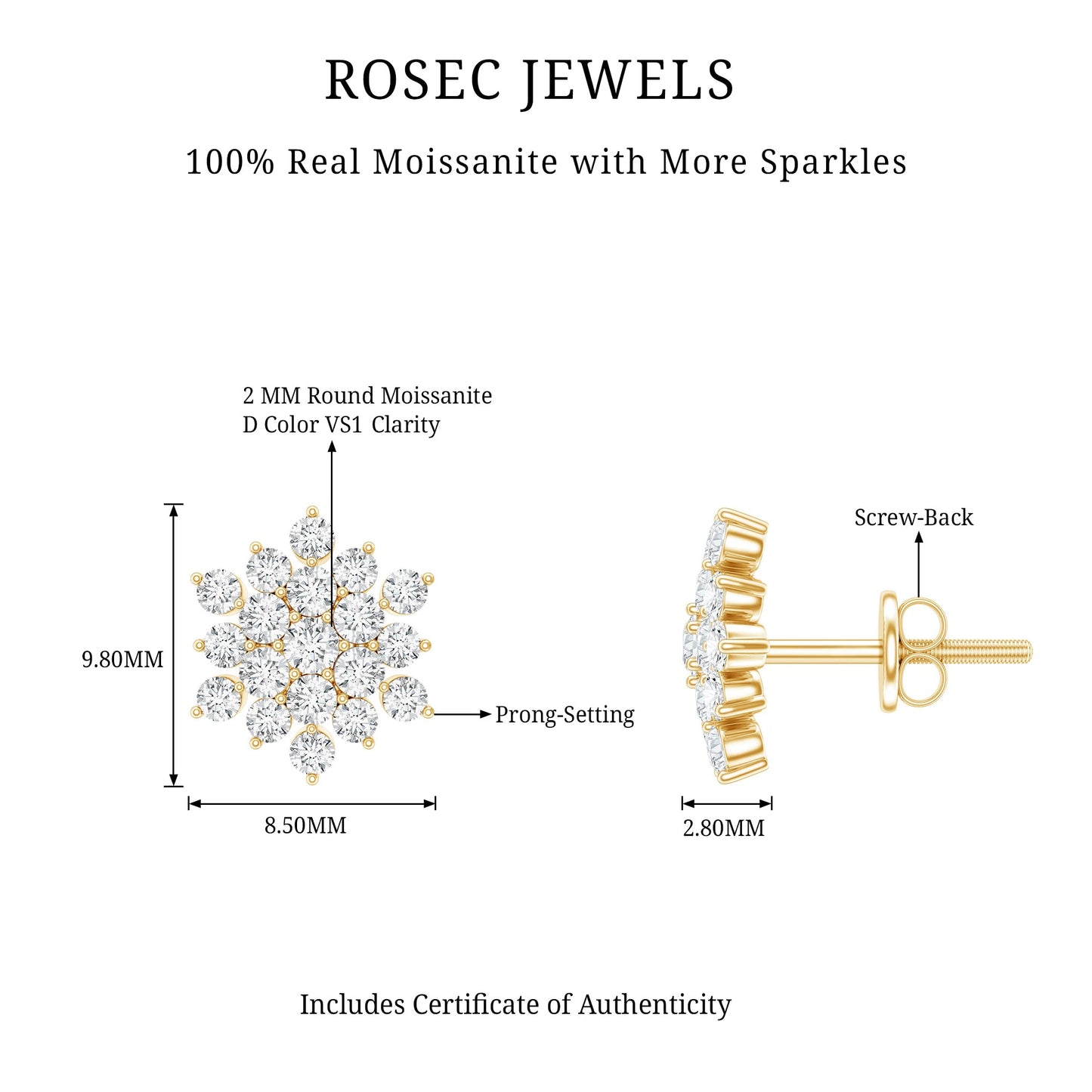 Certified Moissanite Cluster Stud Earrings for Women