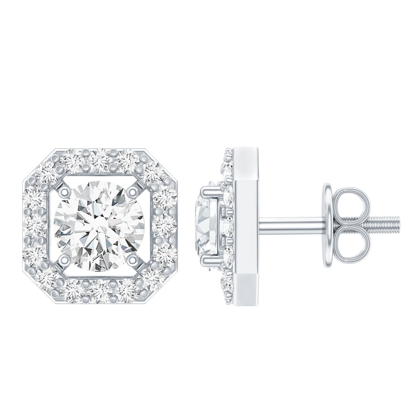 Round Cut Certified Moissanite Halo Stud Earrings with Screw Back