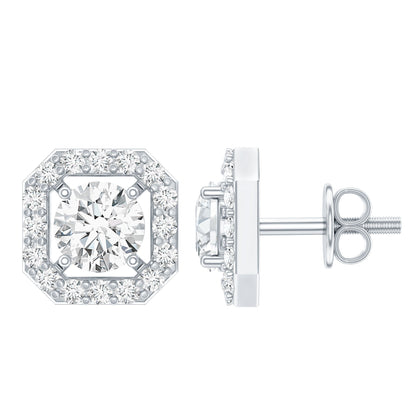 Round Cut Certified Moissanite Halo Stud Earrings with Screw Back