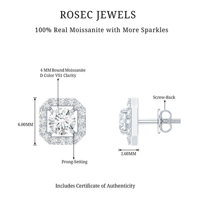 Round Cut Certified Moissanite Halo Stud Earrings with Screw Back