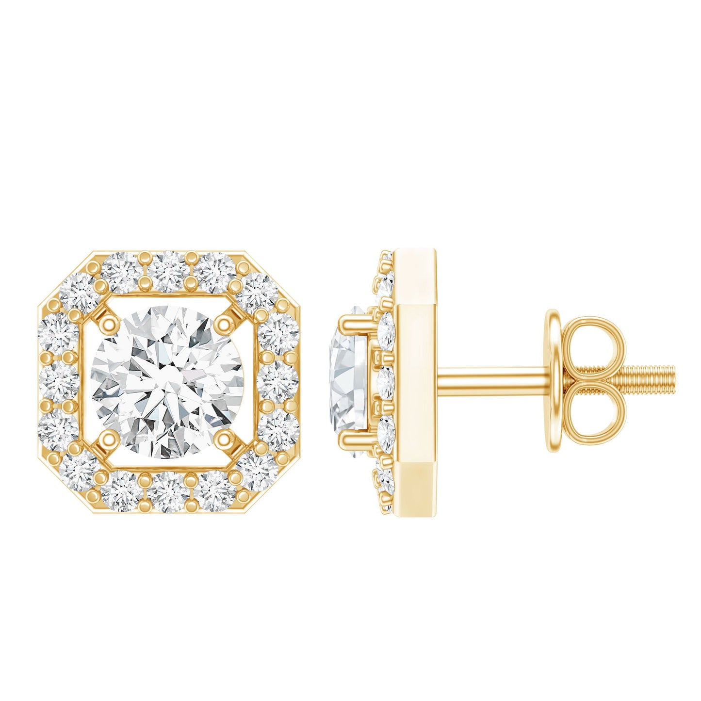 Round Cut Certified Moissanite Halo Stud Earrings with Screw Back