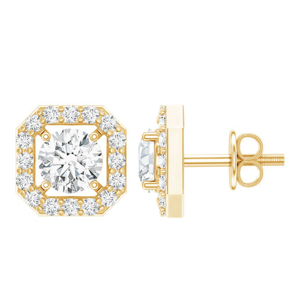 Round Cut Certified Moissanite Halo Stud Earrings with Screw Back