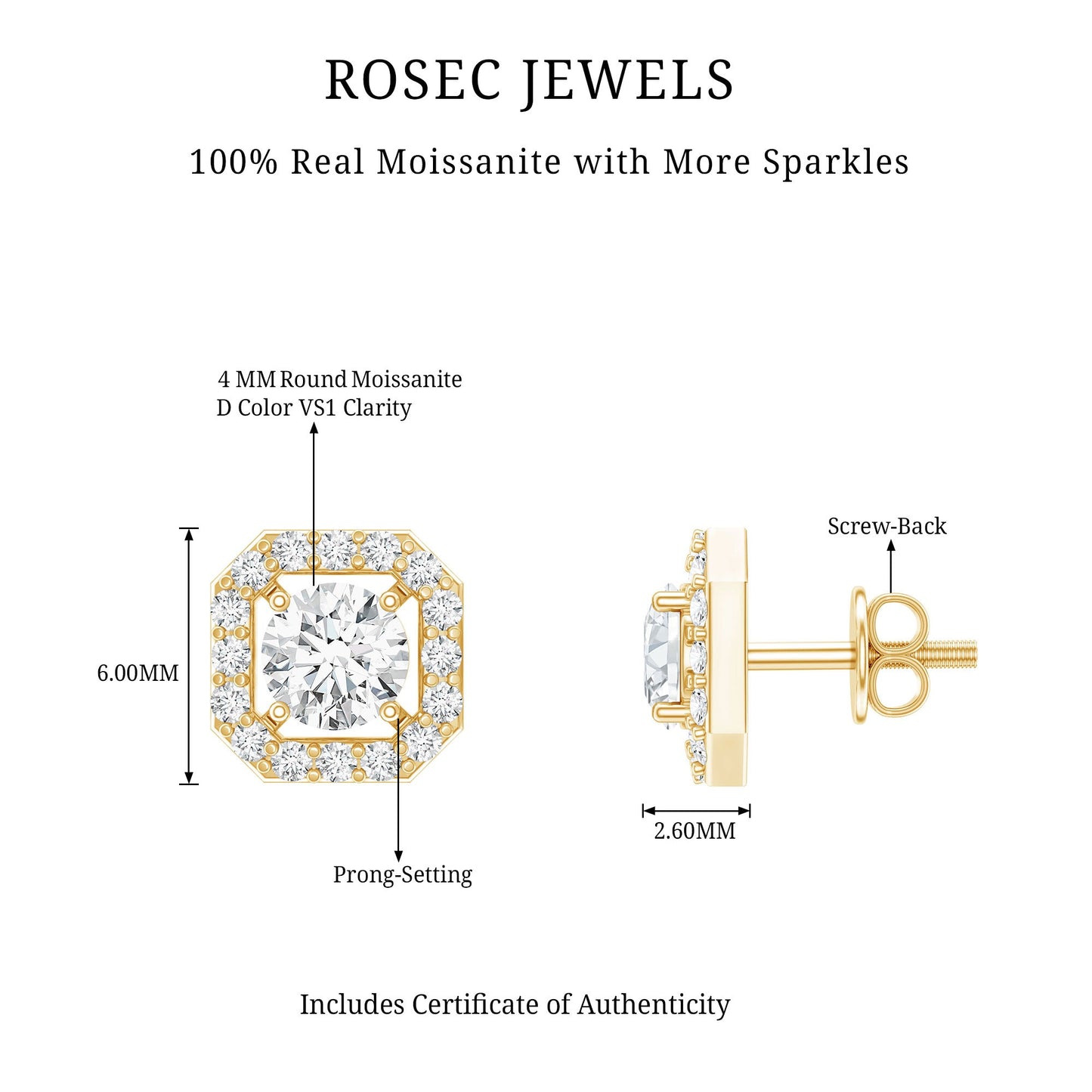 Round Cut Certified Moissanite Halo Stud Earrings with Screw Back