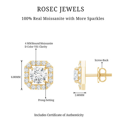 Round Cut Certified Moissanite Halo Stud Earrings with Screw Back