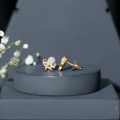 Real Diamond Octopus Stud Earrings for Women