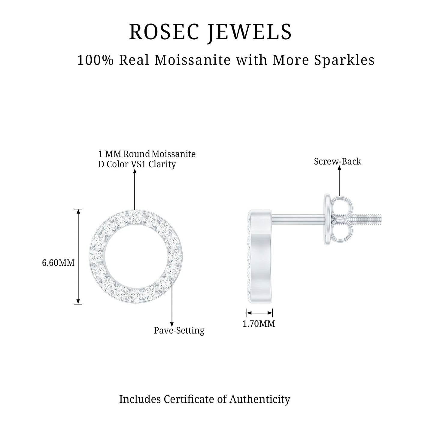 Round Cut Moissanite Eternity Stud Earrings with Screw Back