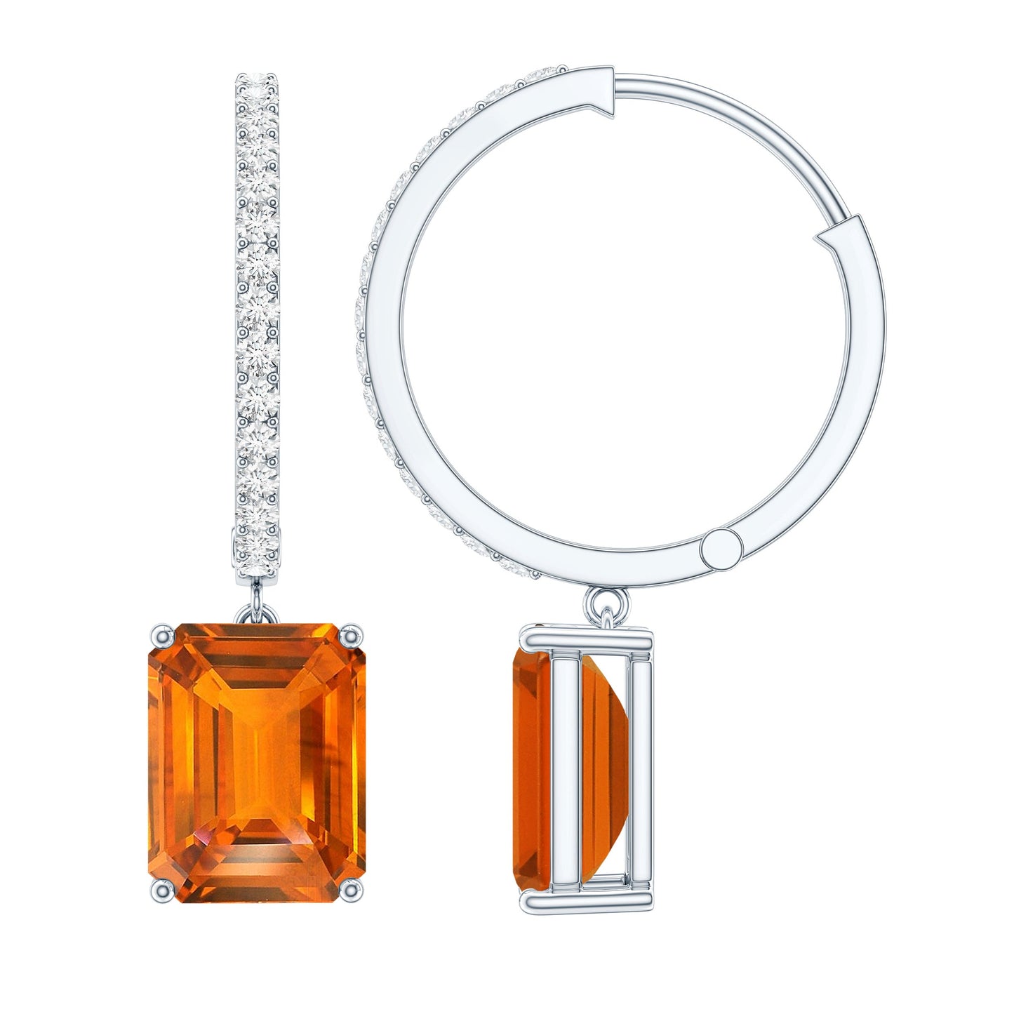 Emerald Cut Lab Grown Orange Sapphire Drop Hoop Earrings with Diamond
