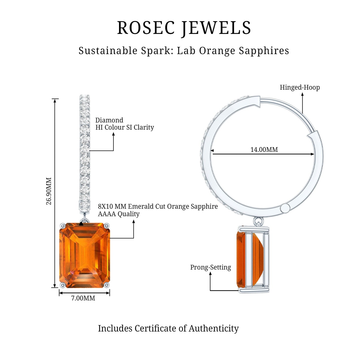 Emerald Cut Lab Grown Orange Sapphire Drop Hoop Earrings with Diamond