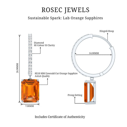Emerald Cut Lab Grown Orange Sapphire Drop Hoop Earrings with Diamond