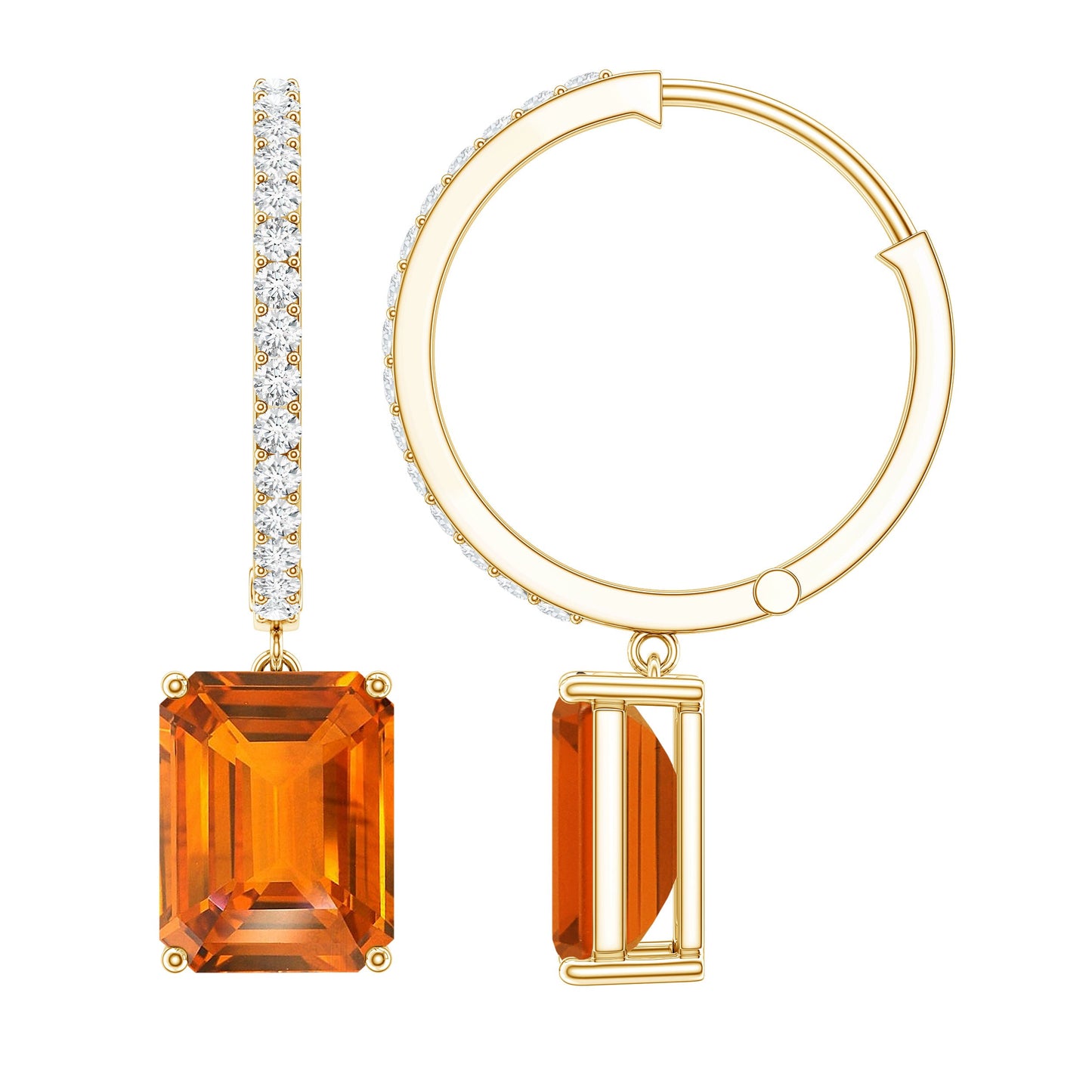 Emerald Cut Lab Grown Orange Sapphire Drop Hoop Earrings with Diamond