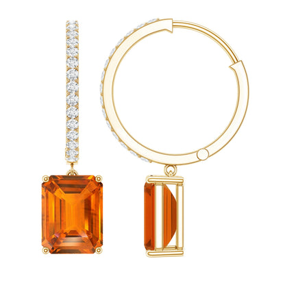 Emerald Cut Lab Grown Orange Sapphire Drop Hoop Earrings with Diamond