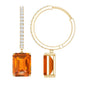 Emerald Cut Lab Grown Orange Sapphire Drop Hoop Earrings with Diamond
