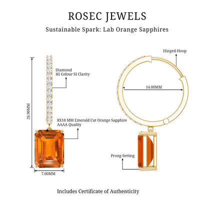 Emerald Cut Lab Grown Orange Sapphire Drop Hoop Earrings with Diamond