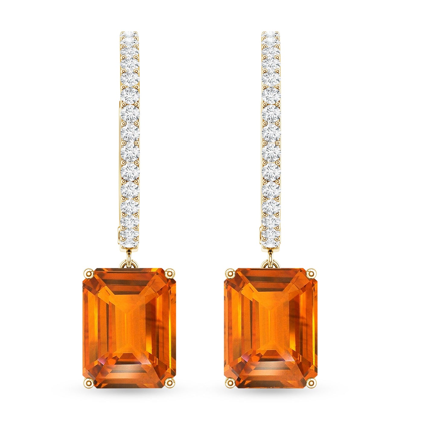 Emerald Cut Lab Grown Orange Sapphire Drop Hoop Earrings with Diamond