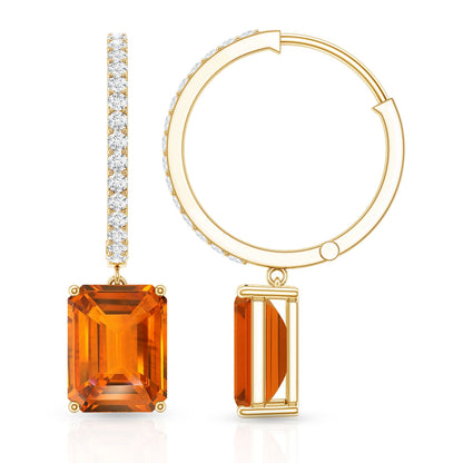 Emerald Cut Lab Grown Orange Sapphire Drop Hoop Earrings with Diamond