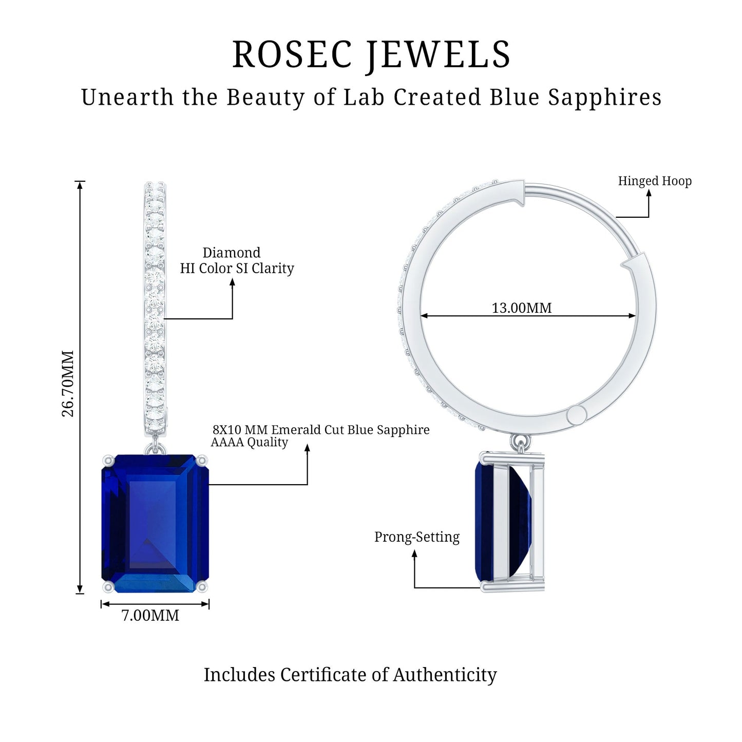 Emerald Cut Lab Created Blue Sapphire and Diamond Hoop Drop Earrings