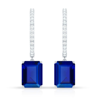 Emerald Cut Lab Created Blue Sapphire and Diamond Hoop Drop Earrings