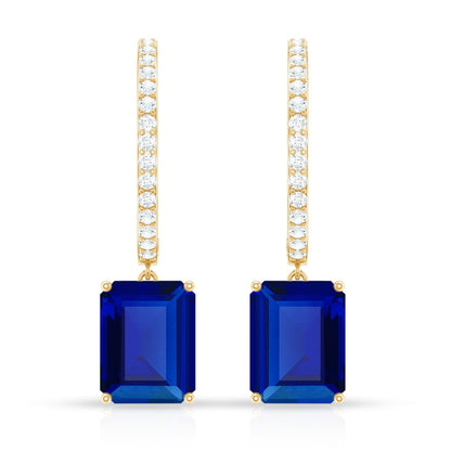 Emerald Cut Lab Created Blue Sapphire and Diamond Hoop Drop Earrings