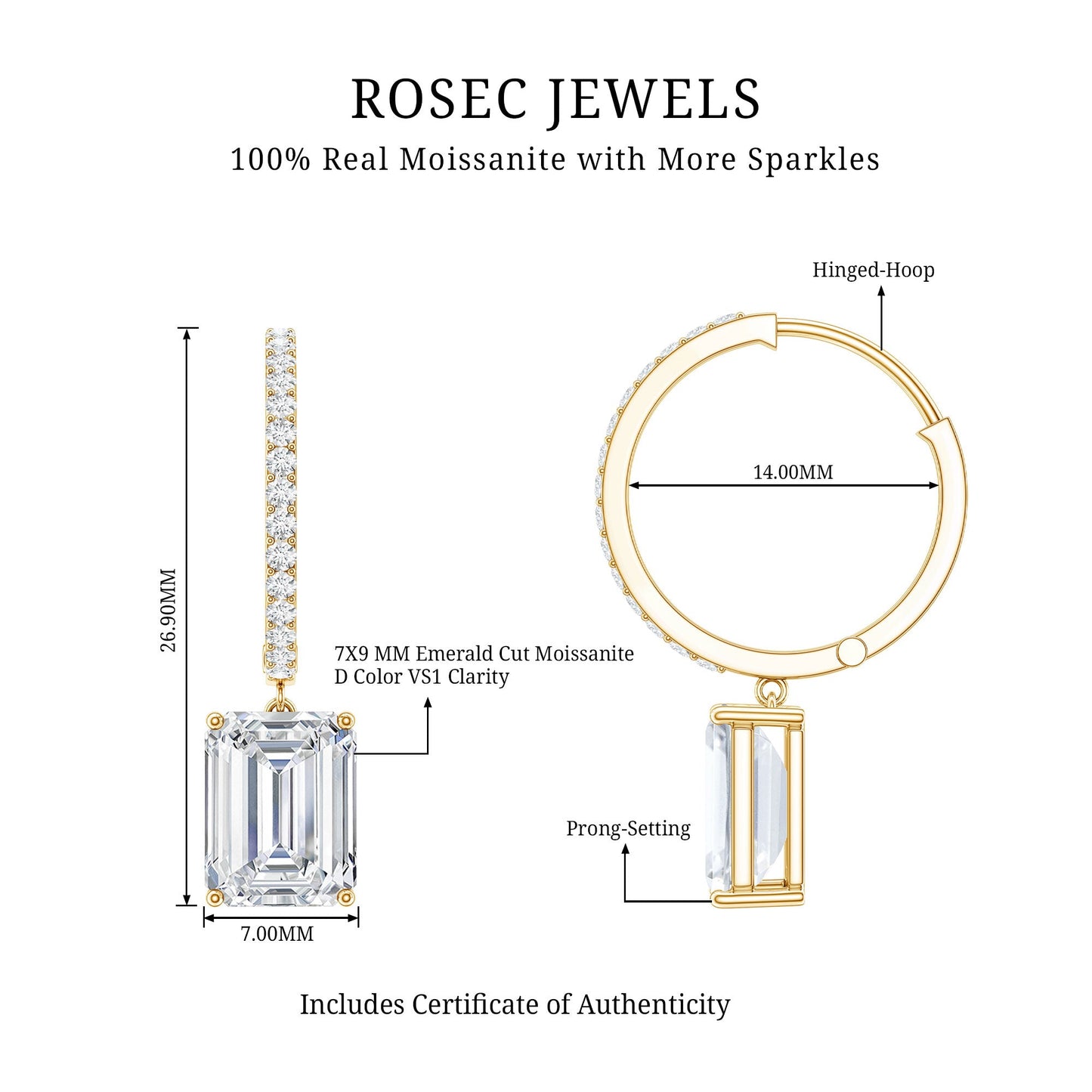 Certified 5.6 Carat Emerald Cut Moissanite Drop Hoop Earrings