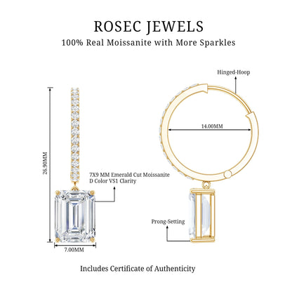 Certified 5.6 Carat Emerald Cut Moissanite Drop Hoop Earrings