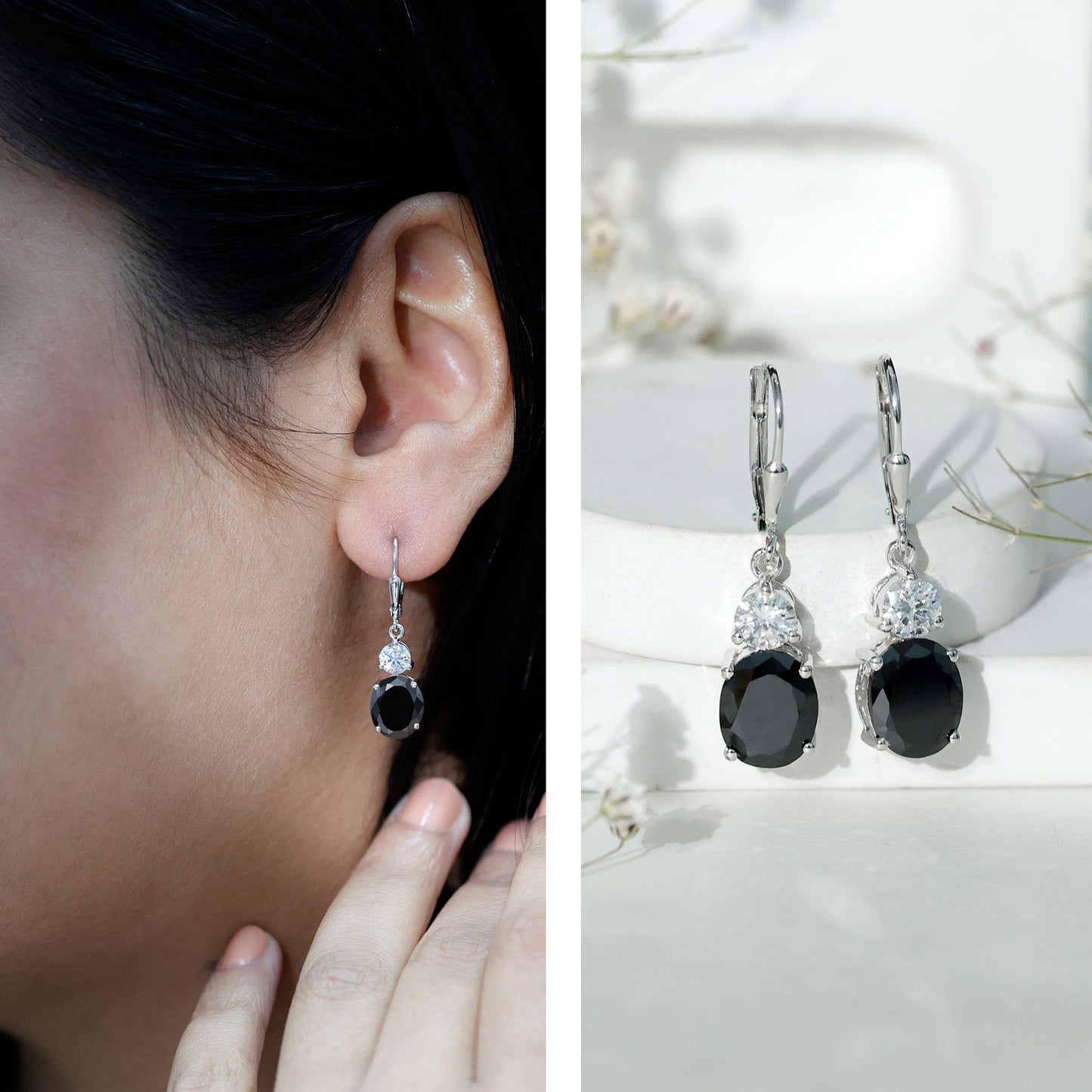8 Carat Oval Lab Grown Black Diamond Drop Earrings in Silver