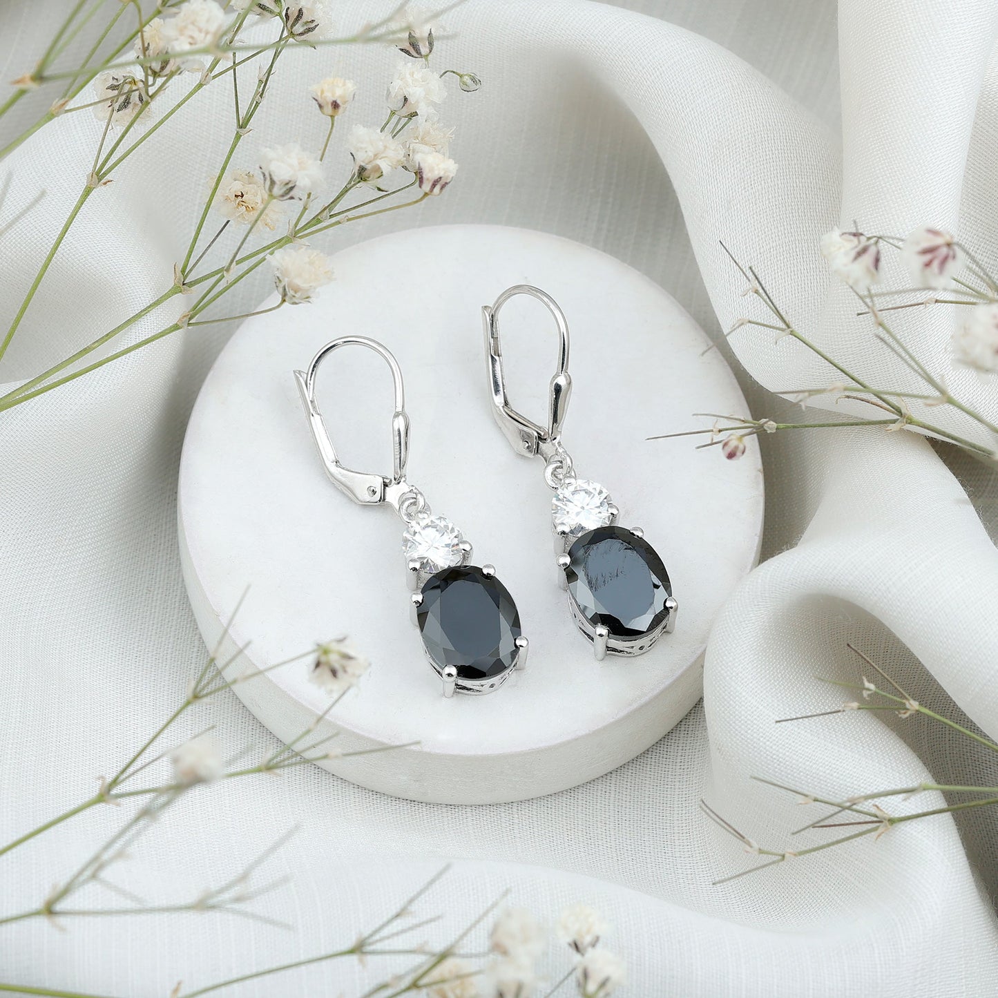 8 Carat Oval Lab Grown Black Diamond Drop Earrings in Silver
