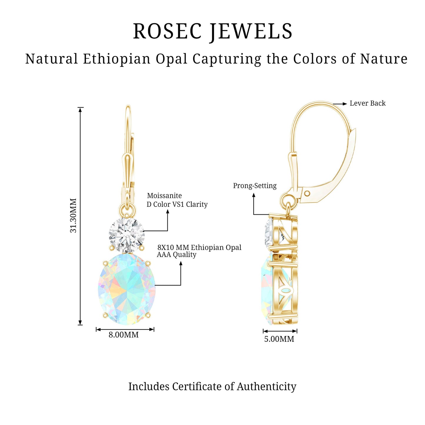Certified Real 2.6 Carat Oval Ethiopian Opal Drop Earrings with Moissanite