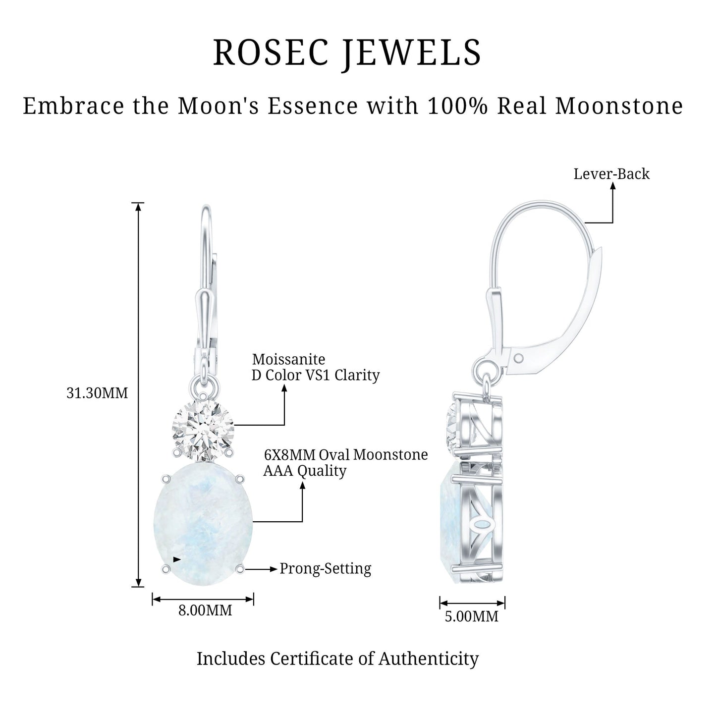 Natural 1.2 Carat Oval Moonstone Drop Earrings with Moissanite