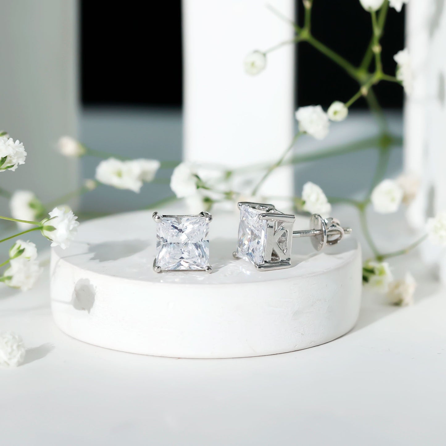 6 Carat Princess Cut Cubic Zirconia Solitaire Stud Earrings in Silver