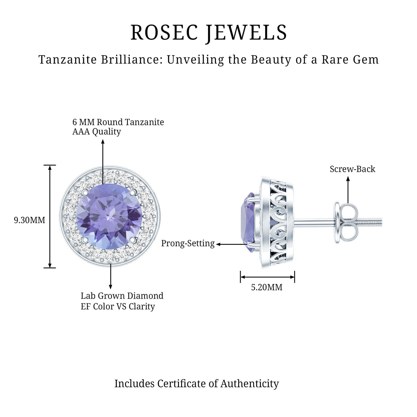 Natural 1.89 Carat Tanzanite and Diamond Stud Earrings For Women