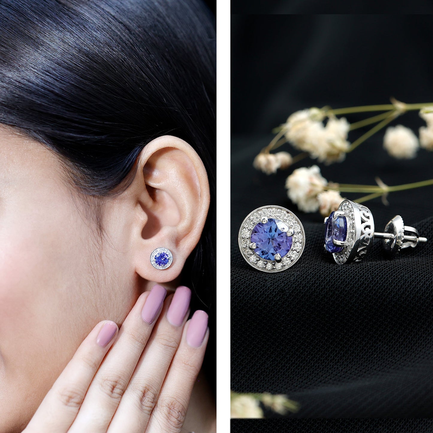 Natural 1.89 Carat Tanzanite and Diamond Stud Earrings For Women