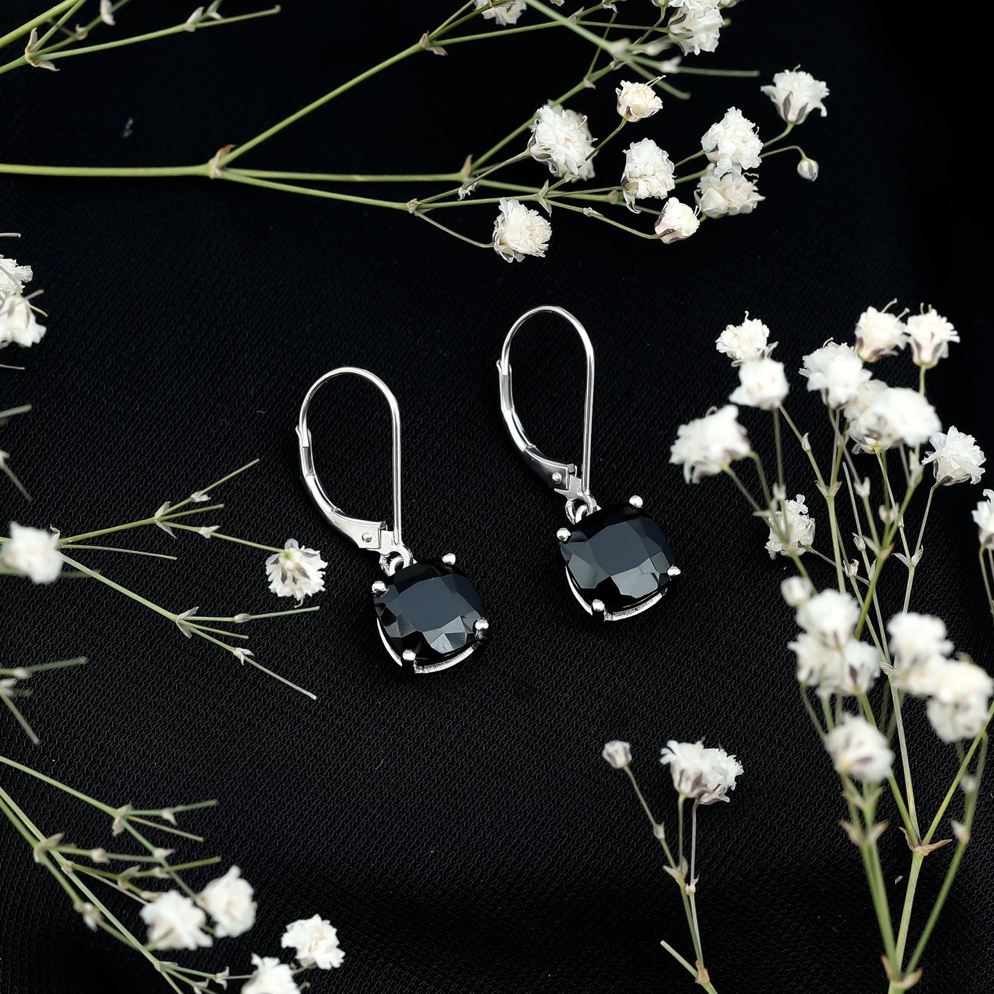 Genuine 4.2 Carat Cushion Cut Black Spinel Drop Earrings Lever Back