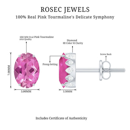 Real 2.2 Carat Oval Pink Tourmaline Stud Earrings with Diamond